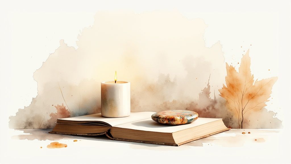 Watercolor still life of a lit candle, open book, polished gemstone, and autumn leaf.