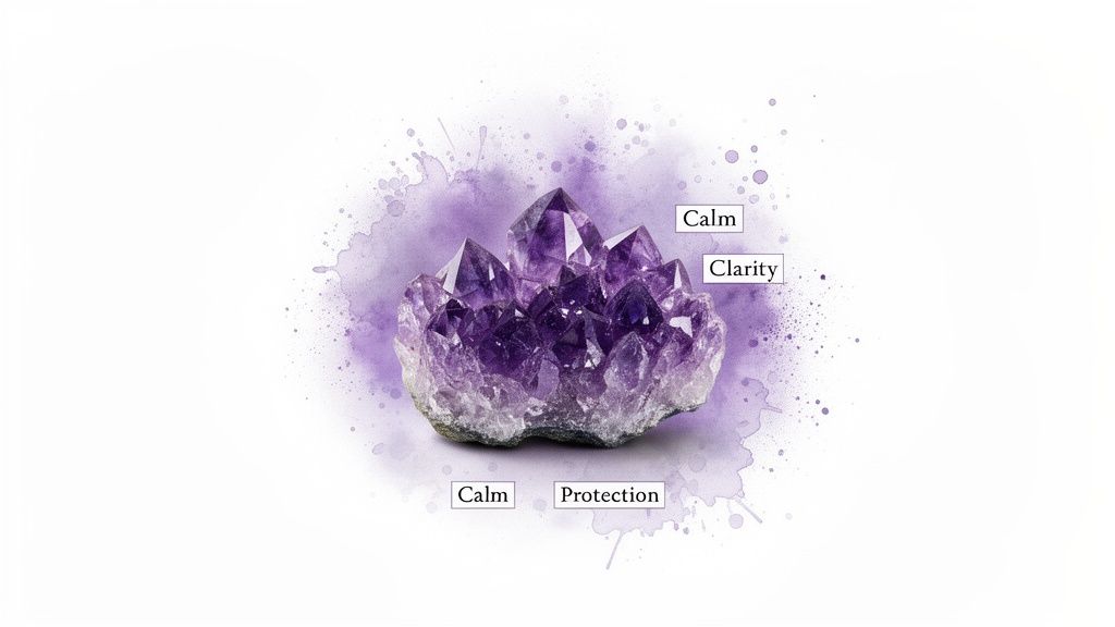 A vibrant purple amethyst crystal geode surrounded by watercolor splatters, with text indicating calm, clarity, and protection.