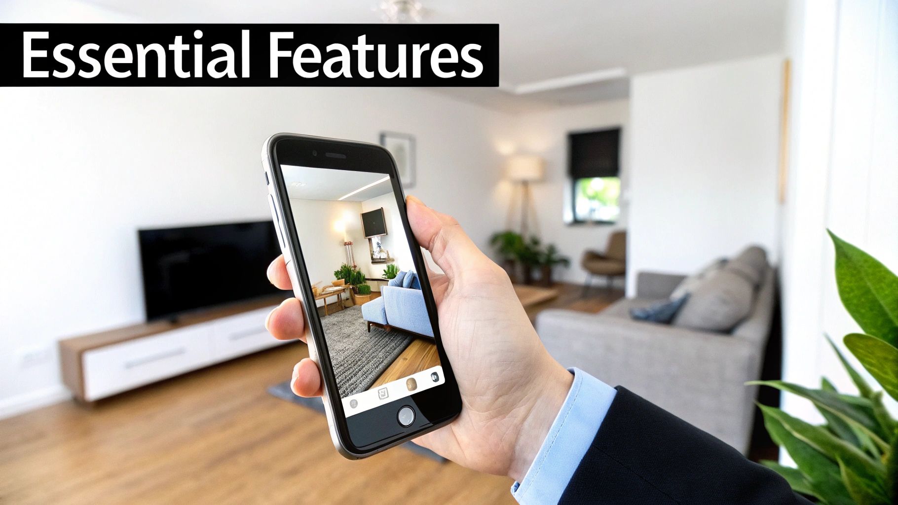 A hand holds a smartphone displaying a virtual tour or augmented reality view of a modern living room, highlighting essential features.