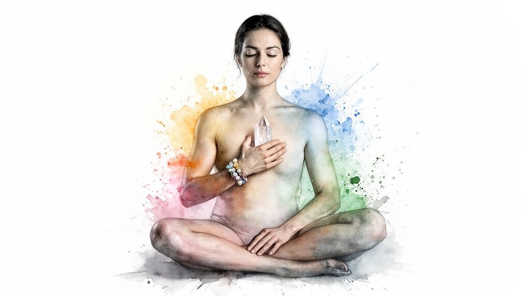 A serene person meditates with closed eyes, holding a crystal, surrounded by vibrant watercolor splashes.