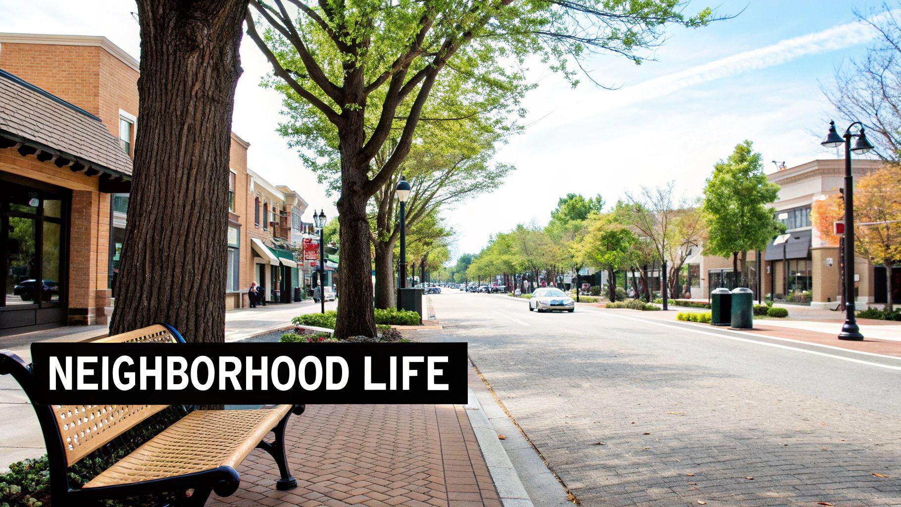 A vibrant neighborhood street scene with shops, trees, a street bench, and a car, featuring 'NEIGHBORHOOD LIFE' text.