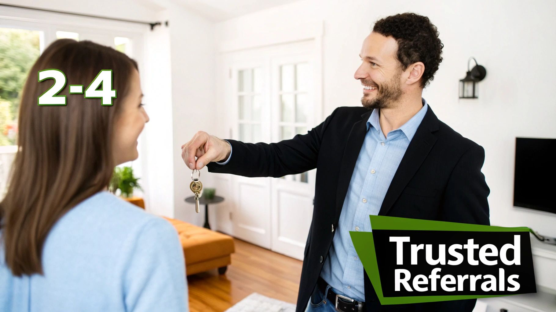 A smiling real estate agent hands house keys to a happy woman, symbolizing a new home.