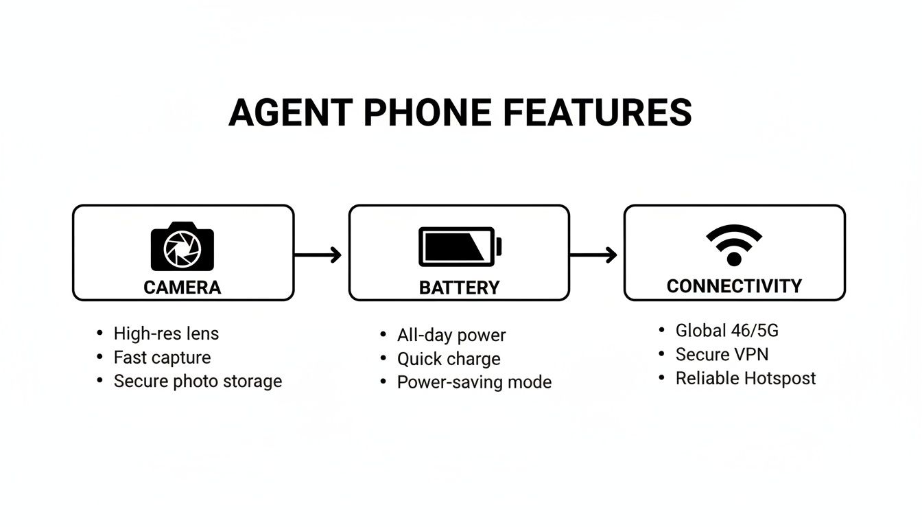 Diagram illustrating agent phone features including camera, battery, and connectivity benefits.