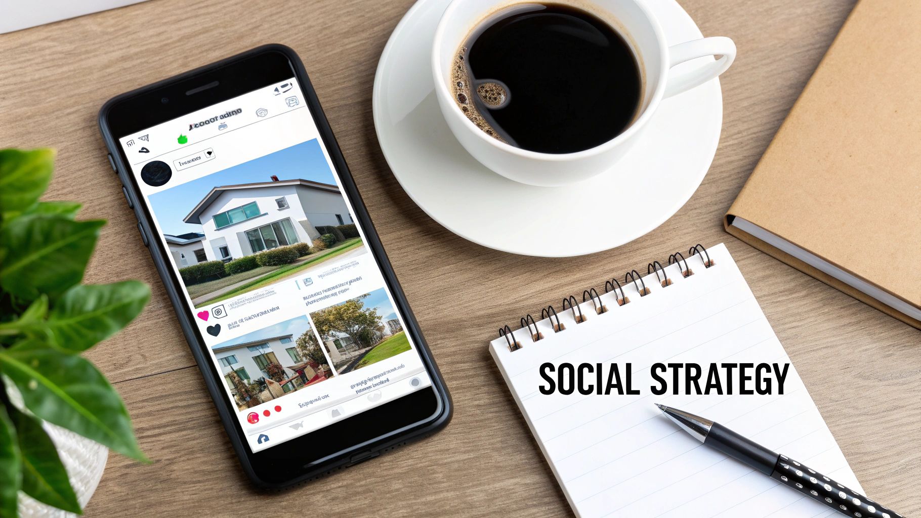 A smartphone displaying a social media feed with real estate posts, with ad icons visible.