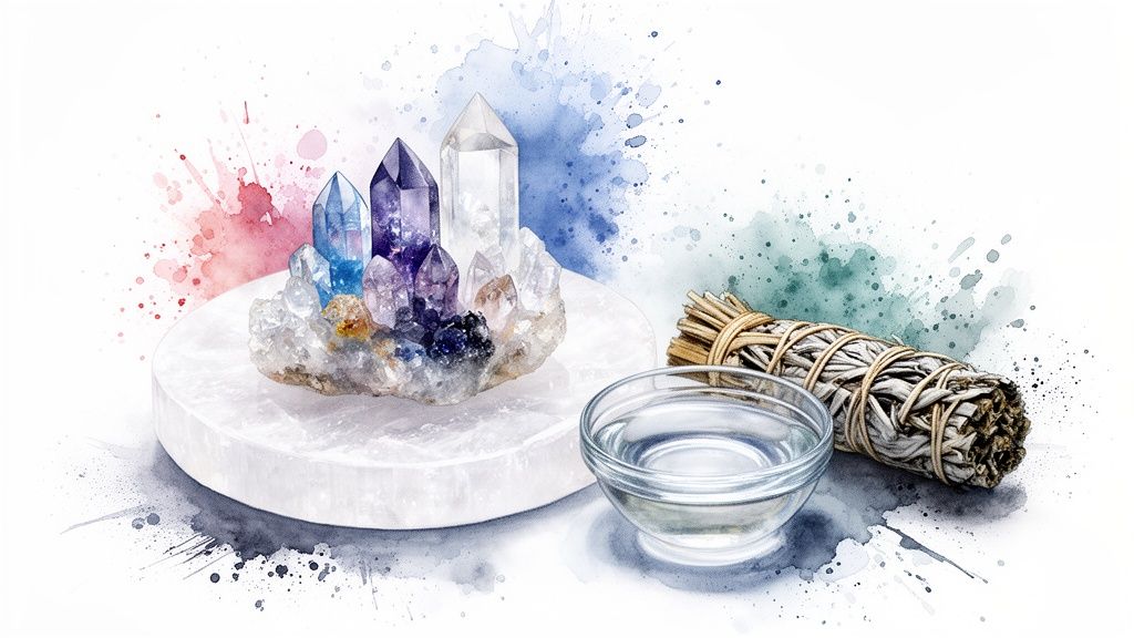 A spiritual cleansing arrangement with colorful crystals, clear water, and a sage bundle.