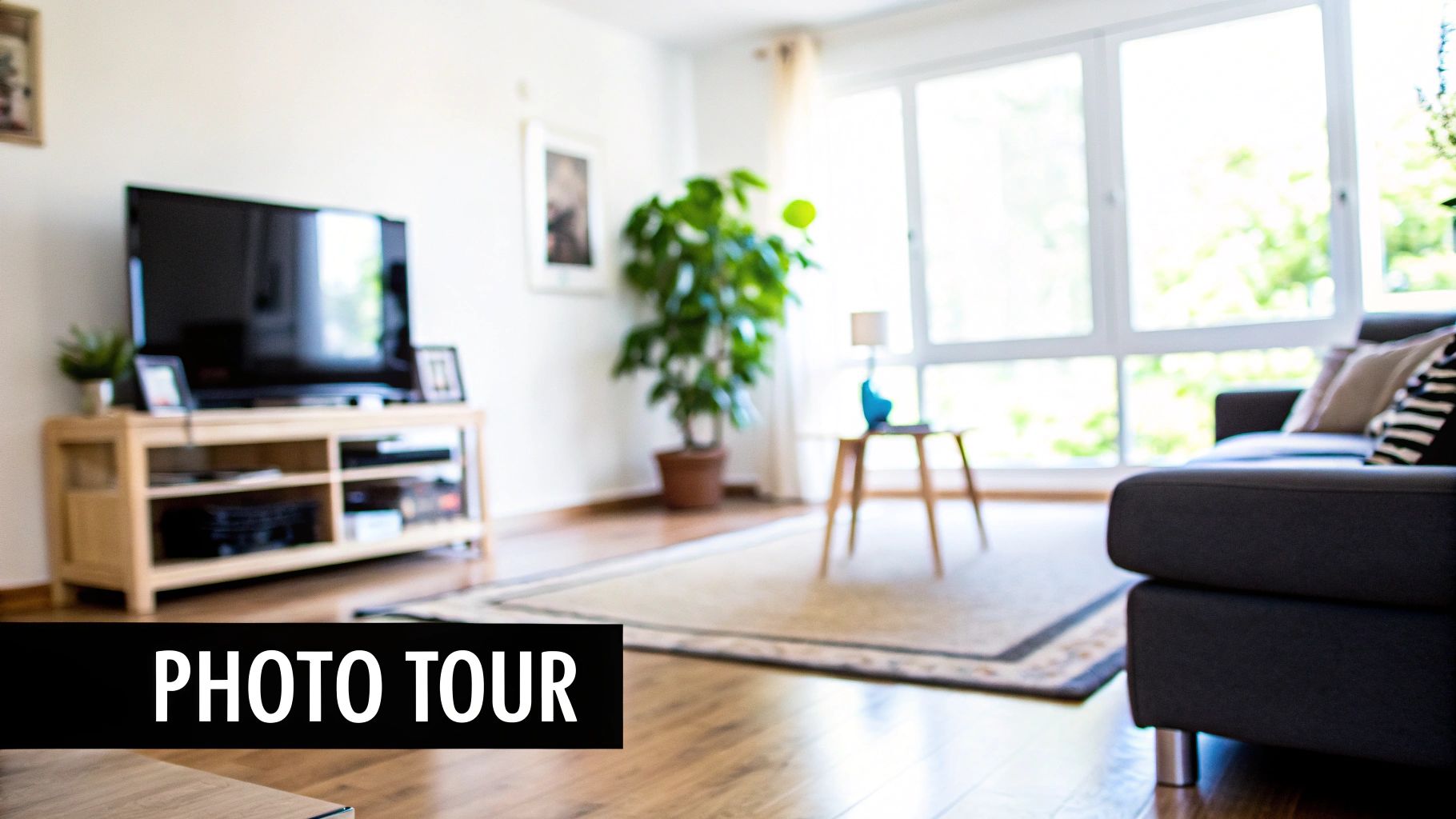 A bright, modern living room featuring a TV, a large plant, a sofa, and a large window.