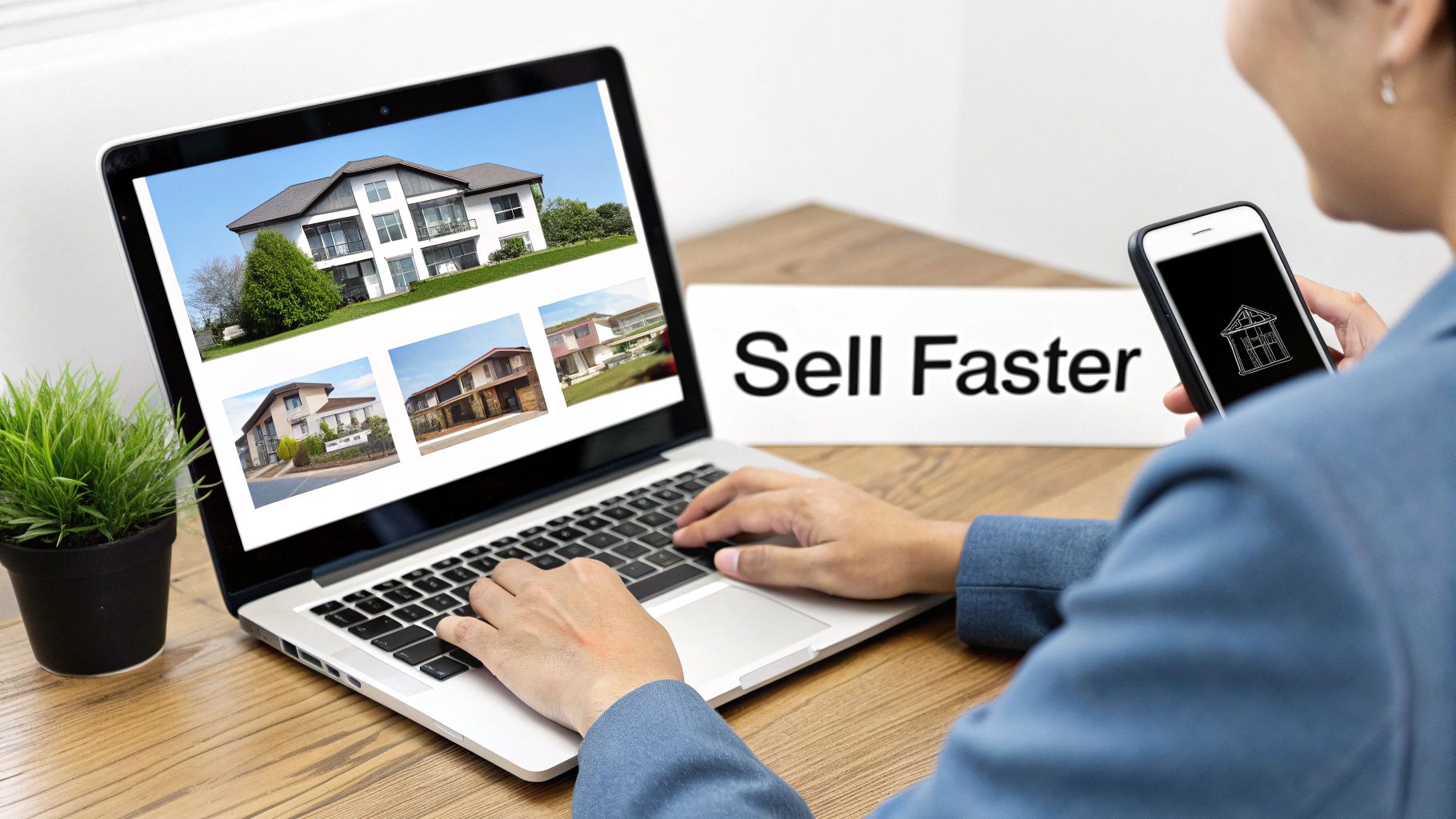 Person using laptop with house listings and smartphone, next to a 'Sell Faster' sign for real estate.
