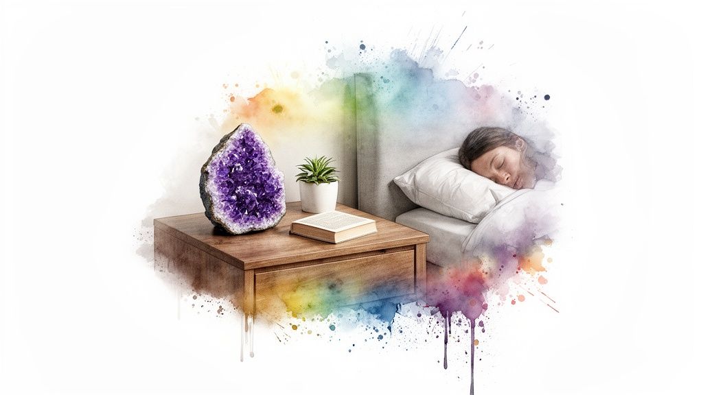 Peaceful bedroom scene with a sleeping person, amethyst crystal, and a book, enhanced by colorful watercolor art.