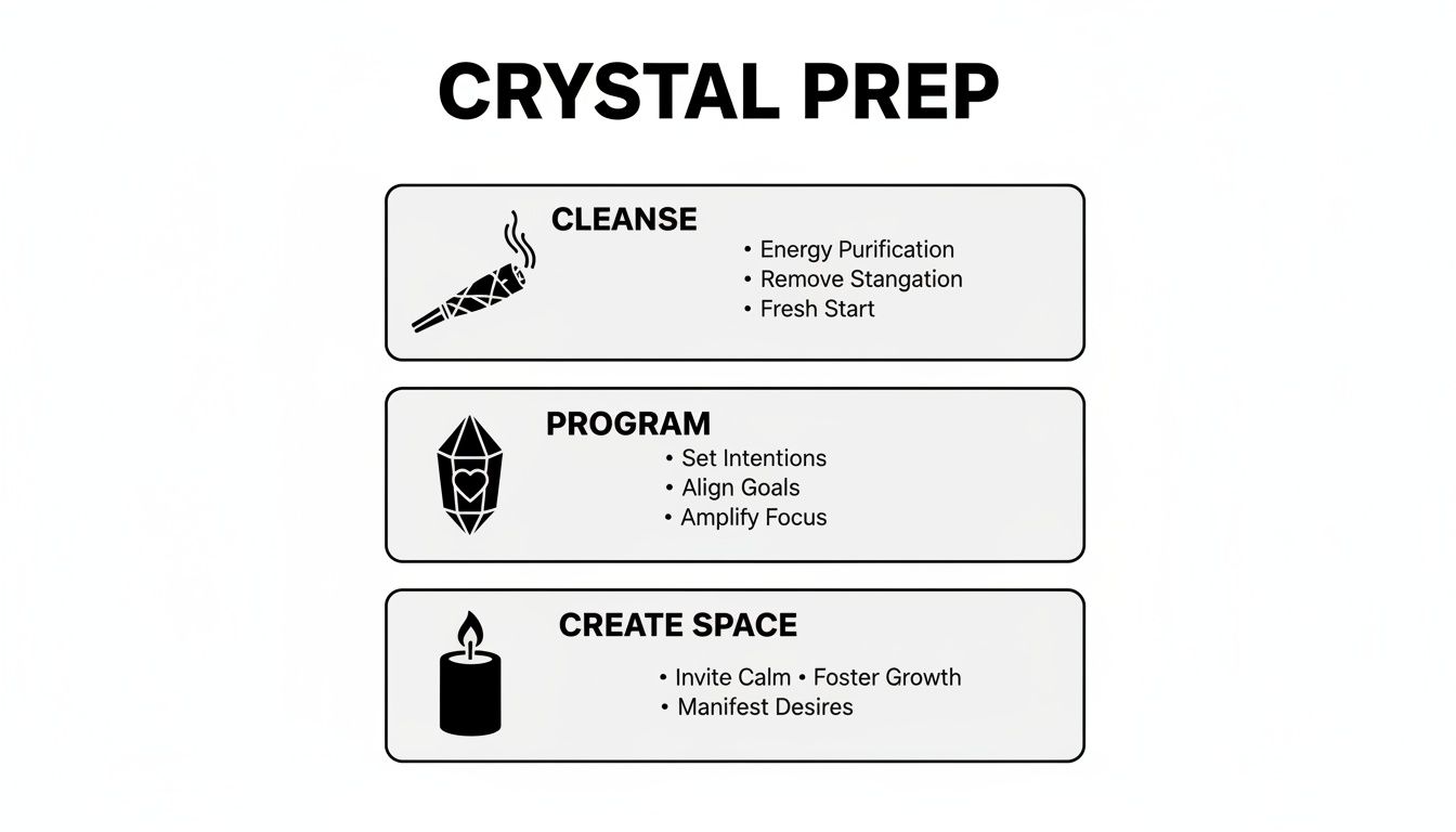 A three-step guide for crystal preparation, including cleanse, program, and create space.