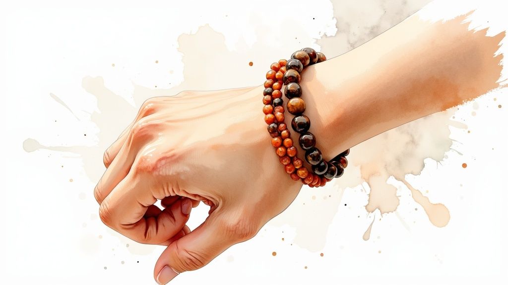 Hand wearing three strands of colorful crystal beaded bracelets in orange and brown tones
