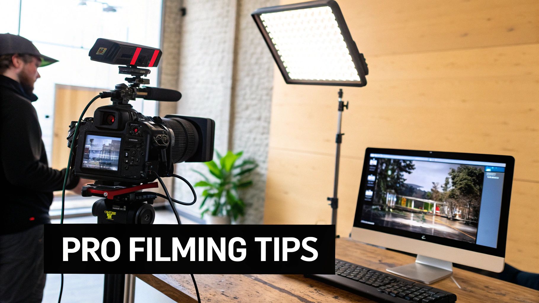A man operates a professional video camera and lighting setup with a computer showing a modern building.