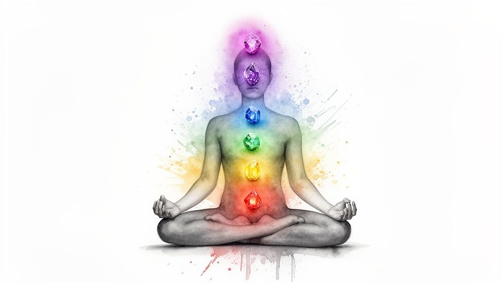 A person meditating with seven colorful chakra crystals aligned on their body, surrounded by vibrant watercolor splashes.