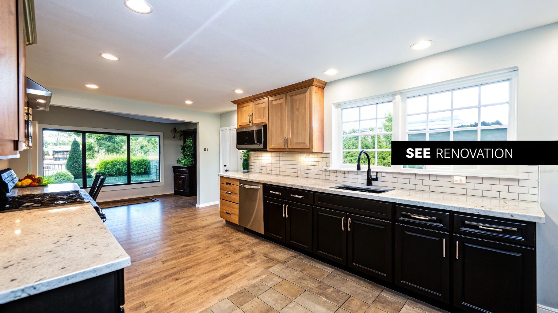 A split image showing a cluttered room on one side and a clean, virtually decluttered version on the other.