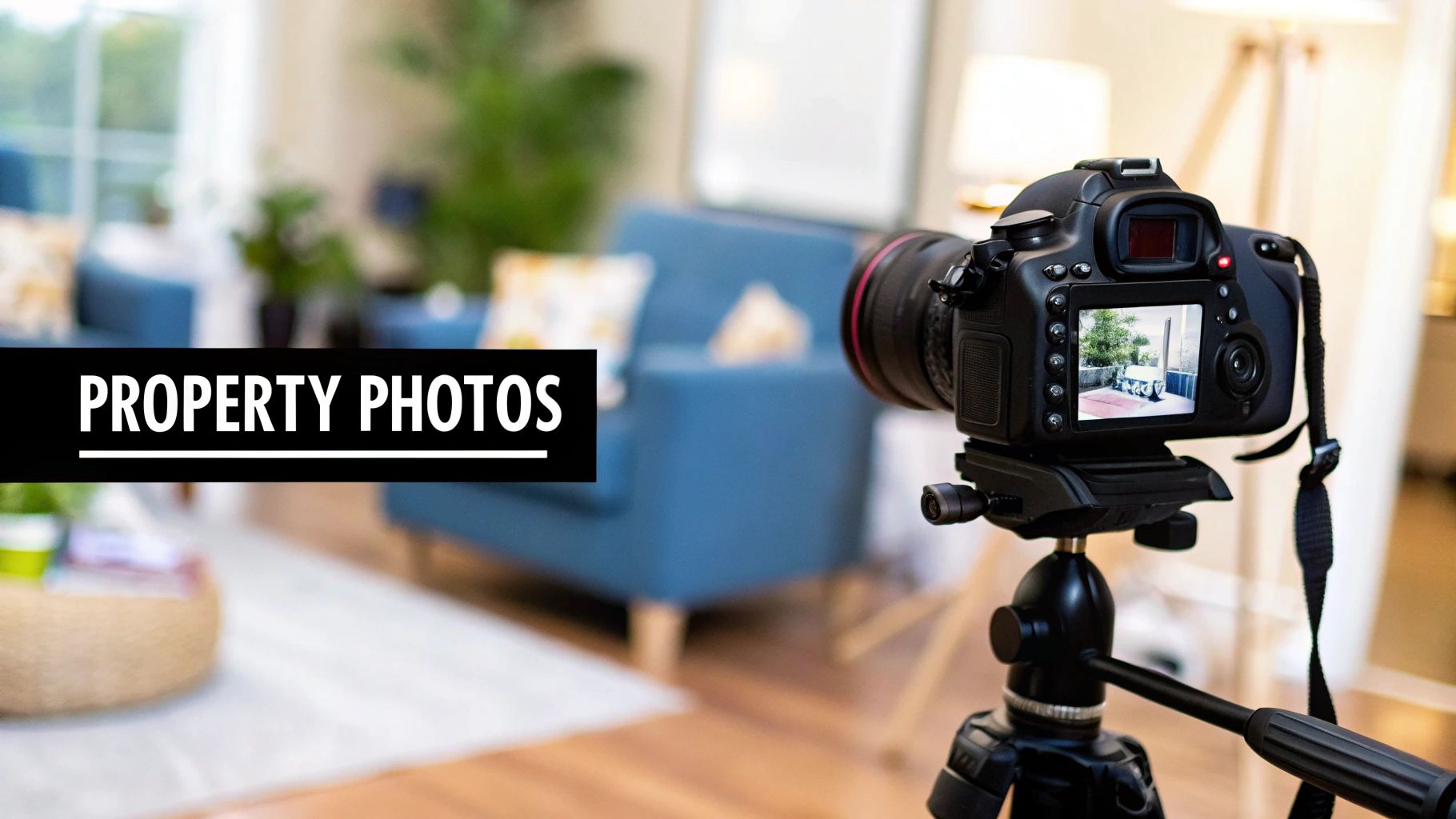 A professional DSLR camera on a tripod set up to take property photos in a modern living room.