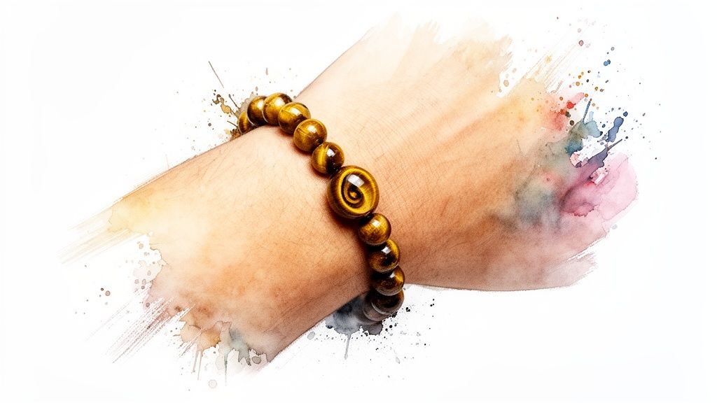 A wrist adorned with a golden-brown tiger's eye bead bracelet, featuring a unique spiral-patterned center bead.