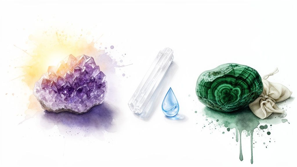 A collection of crystals including amethyst, selenite, malachite, and a water drop, with watercolor splashes.