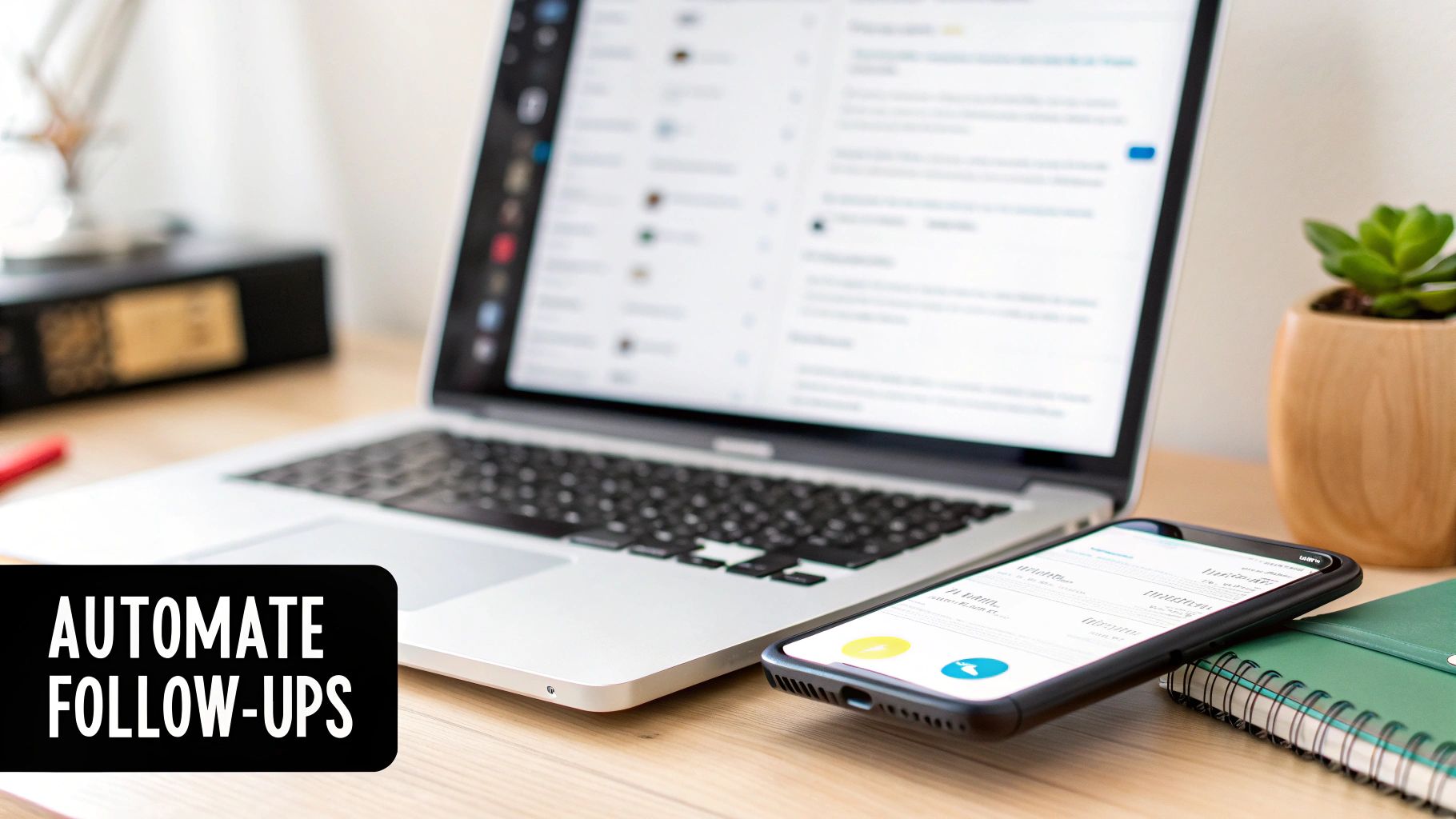 A laptop and smartphone on a wooden desk with a text overlay 'AUTOMATE FOLLOW-UPS', suggesting digital productivity.