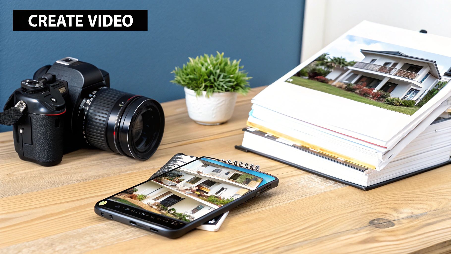 A camera, smartphone, and real estate brochures on a desk for creating video content.
