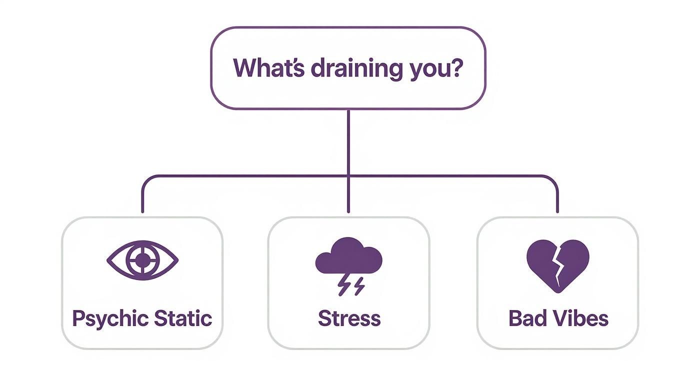 Diagram showing three sources of energy drain: psychic static, stress, and bad vibes with icons