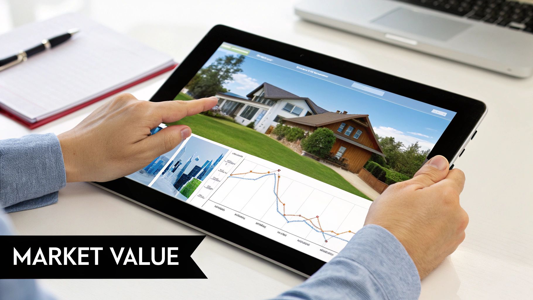 Hands holding a tablet displaying a house, market value graph, and city skylines, with a pen and notebook nearby.