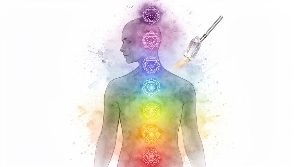 Chakra system illustration with a crystal pendulum for balancing energy points.