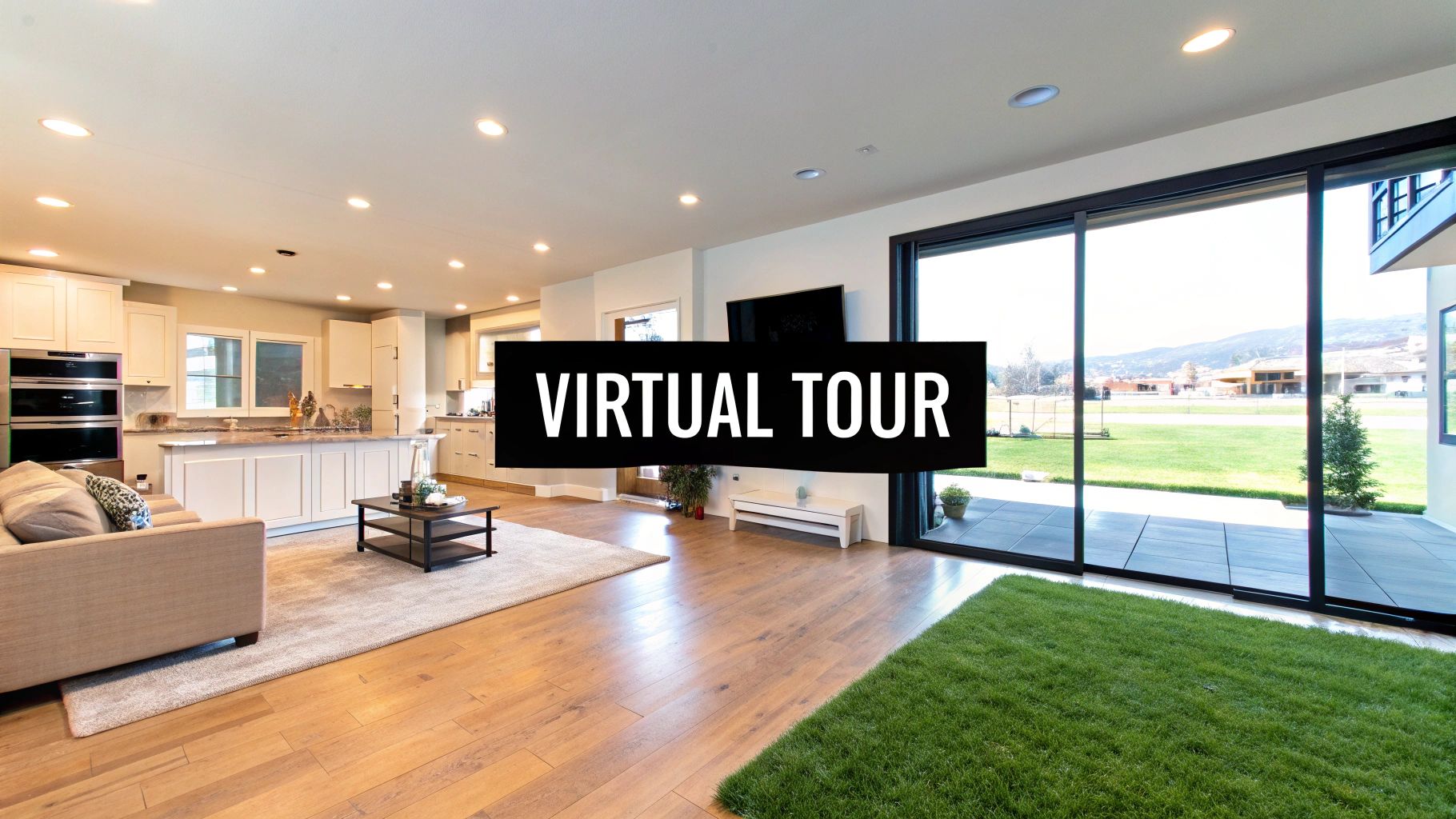 A modern open-concept kitchen and living room with large glass doors, featuring a virtual tour overlay.