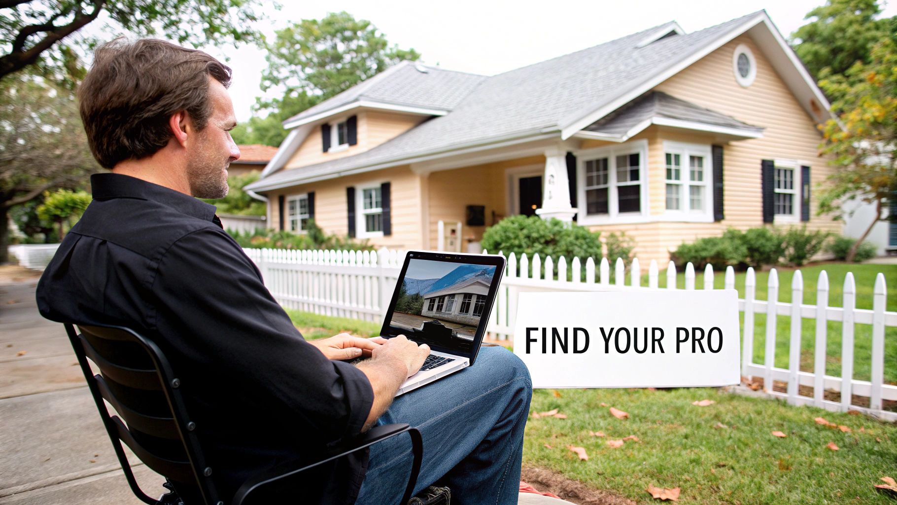 A man sits outside a house, using a laptop to view a property, with a 'FIND YOUR PRO' sign.