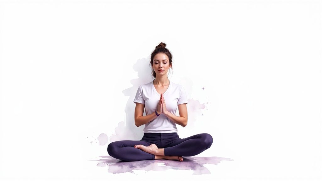 Woman wearing a stack of bracelets including an amethyst bracelet, holding a cup of tea.