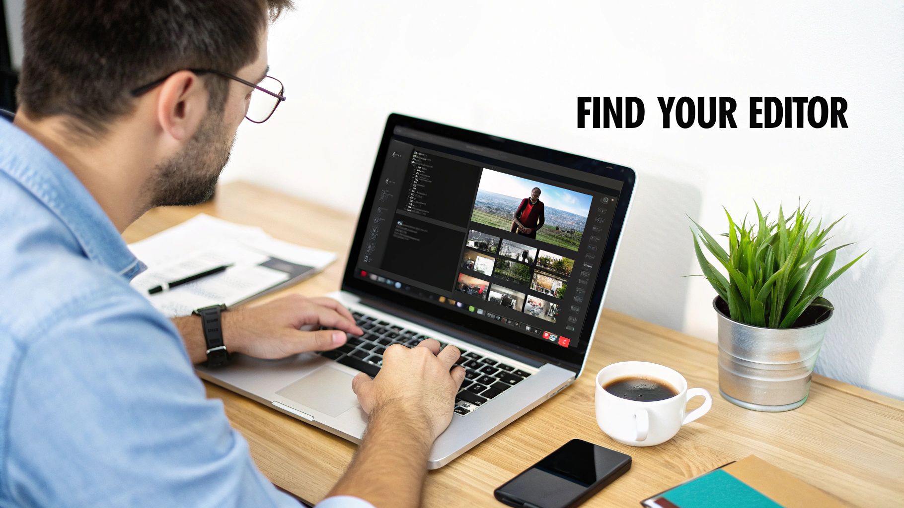 Man in a blue shirt working on a laptop, editing videos, with coffee and a plant.