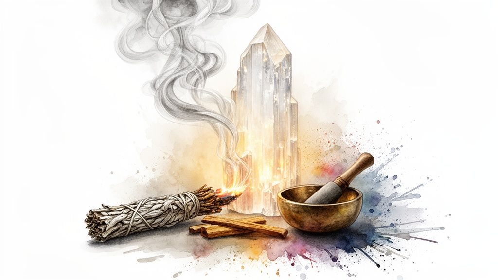 Watercolor art of a selenite crystal with burning sage, palo santo, and a singing bowl for spiritual cleansing.