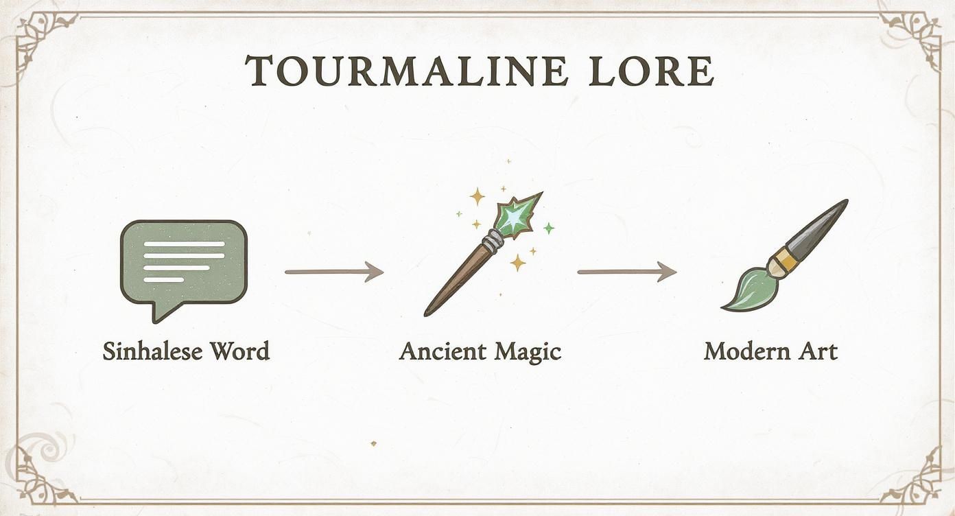 A flow chart titled 'Tourmaline Lore' illustrating the progression from 'Sinhalese Word' to 'Ancient Magic' to 'Modern Art'.