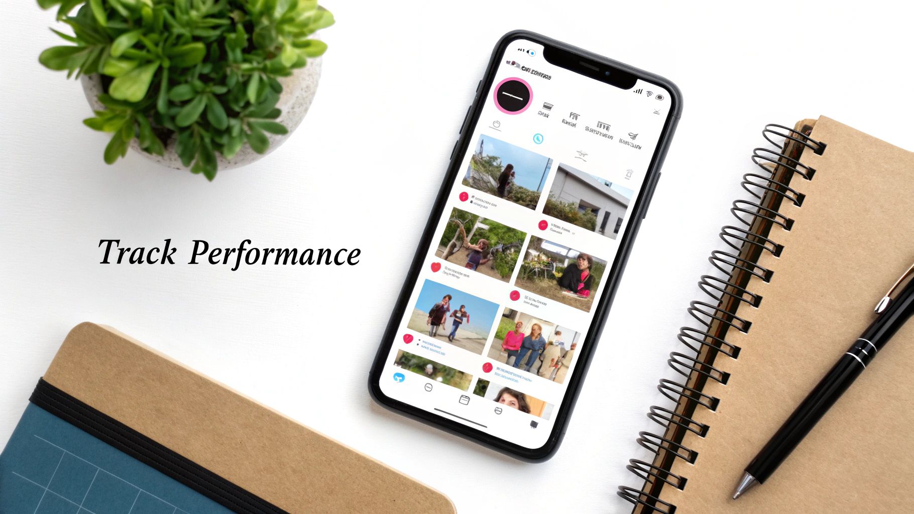 Flat lay of a white desk with a smartphone showing social media content, a plant, and office supplies.