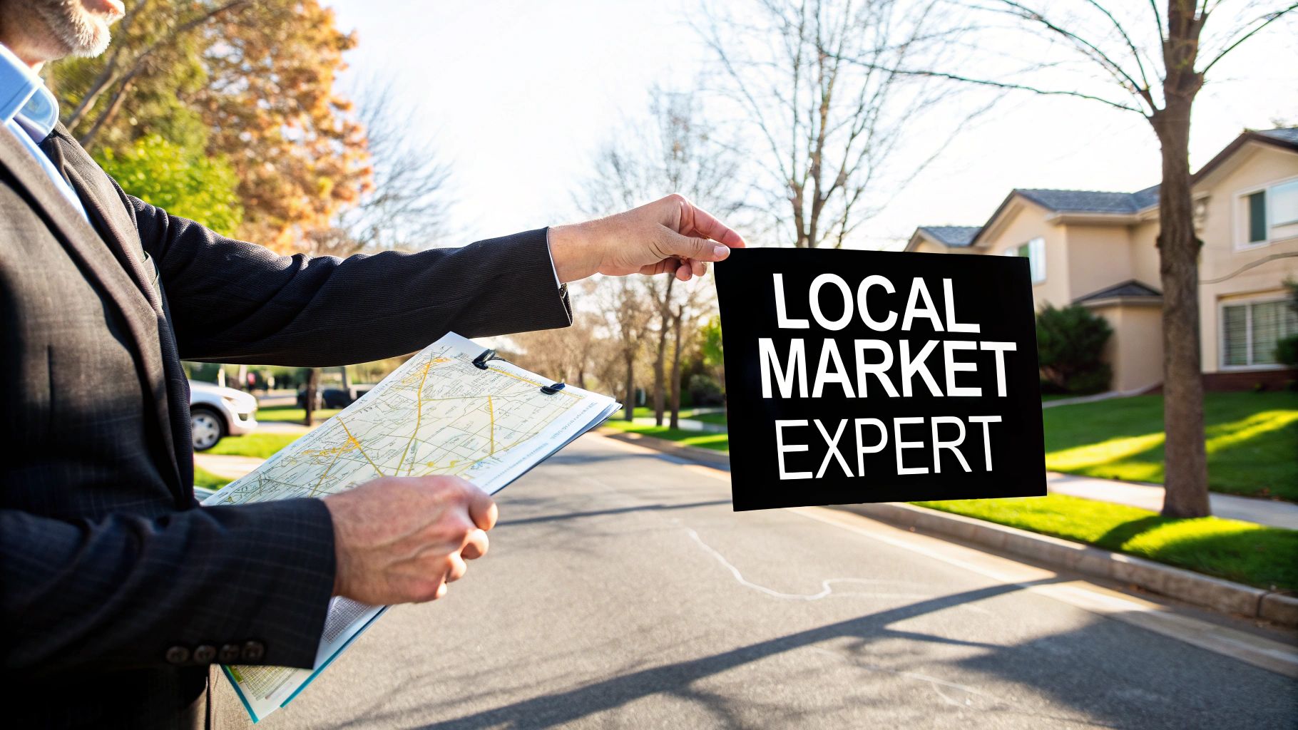 A real estate agent holds a map and a sign reading 'LOCAL MARKET EXPERT' on a residential street.