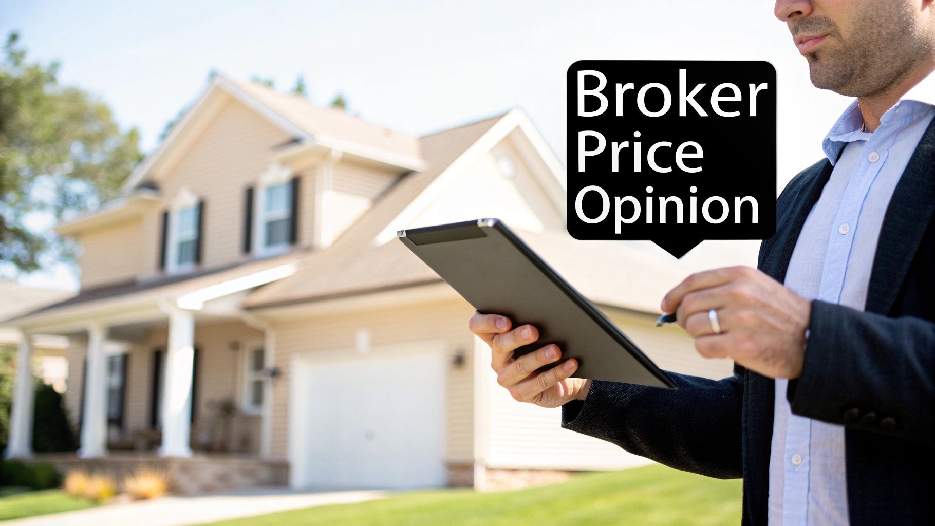 A real estate broker uses a tablet to assess a house, displaying 'Broker Price Opinion'.