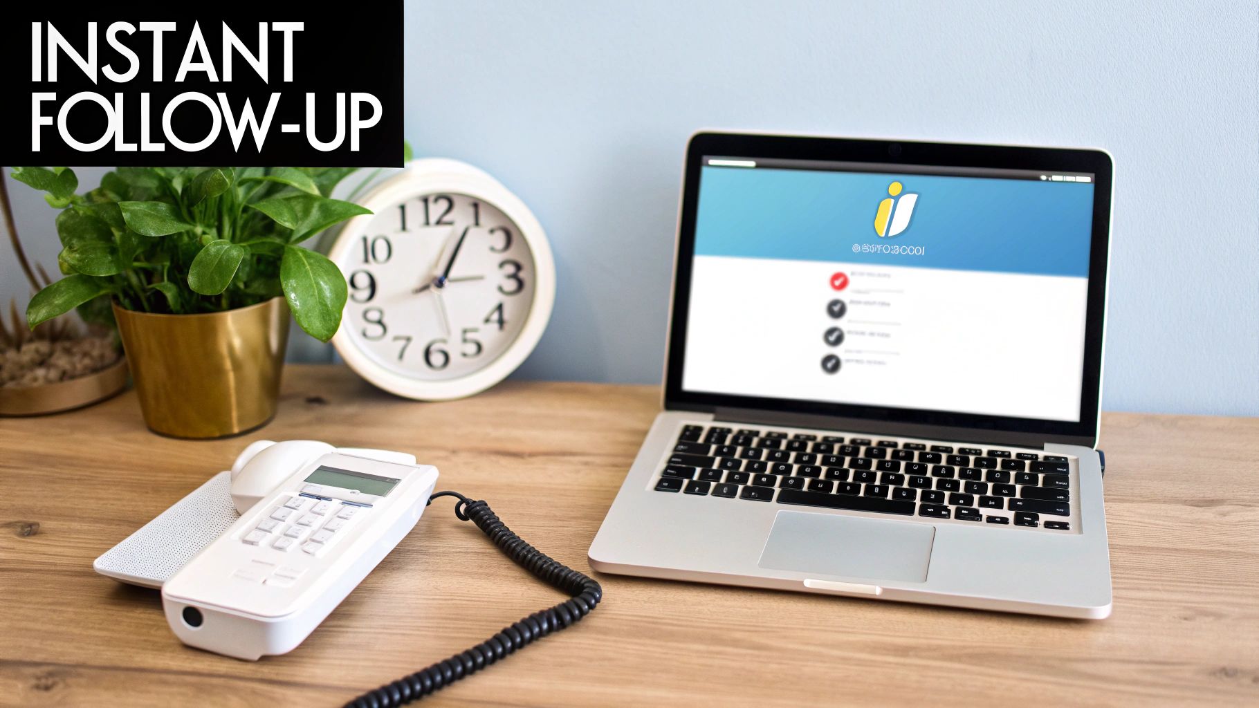 A clean workspace featuring a laptop displaying a website, a landline phone, a plant, and a clock, highlighting 'INSTANT FOLLOW-UP'.