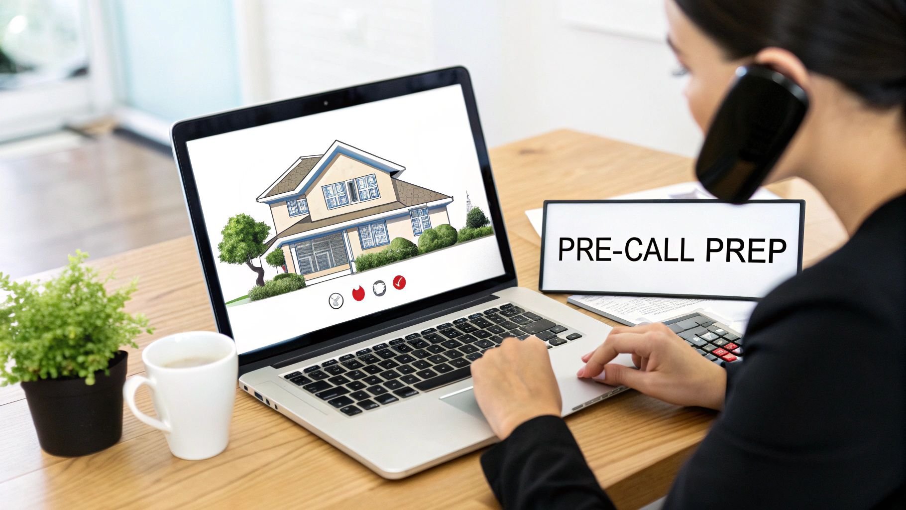 A person on the phone, preparing for a call, views a house illustration on a laptop, with a "PRE-CALL PREP" sign.