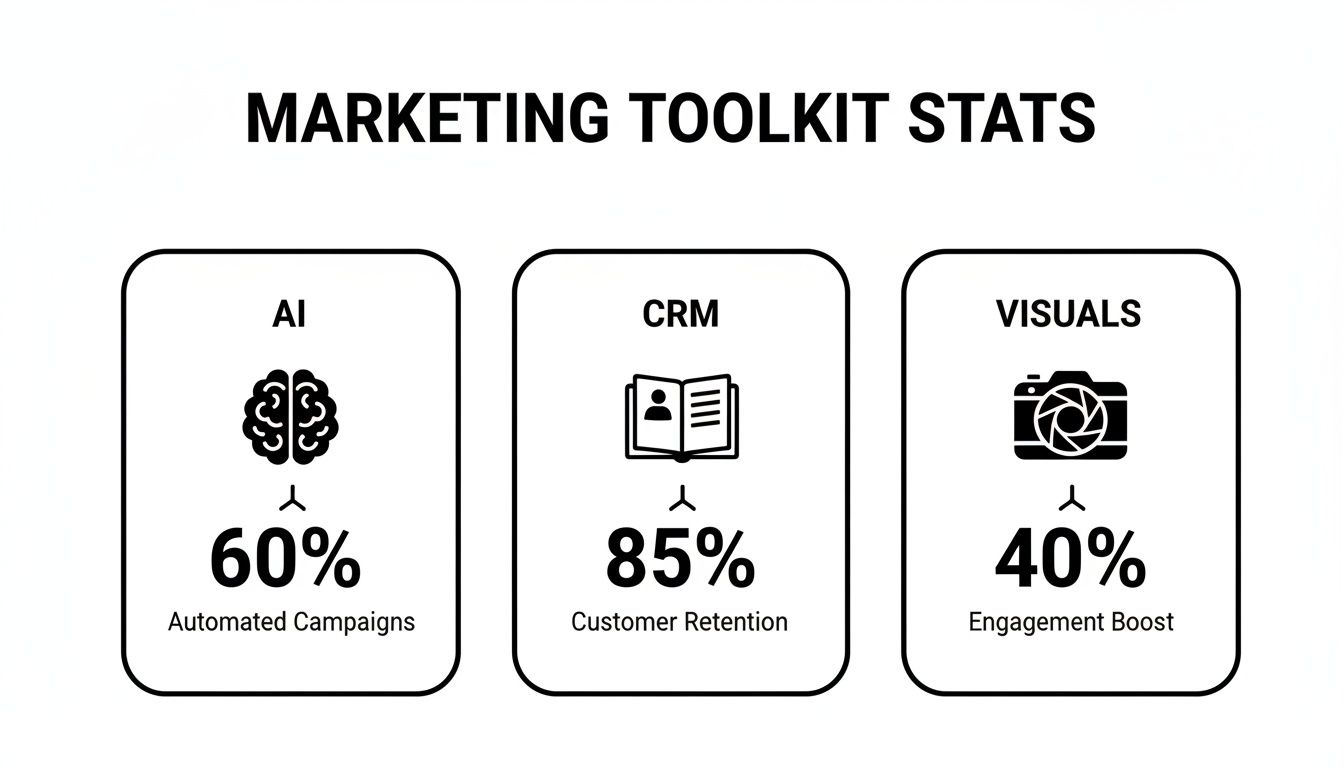 Marketing toolkit stats infographic highlighting AI, CRM, and visuals performance data.
