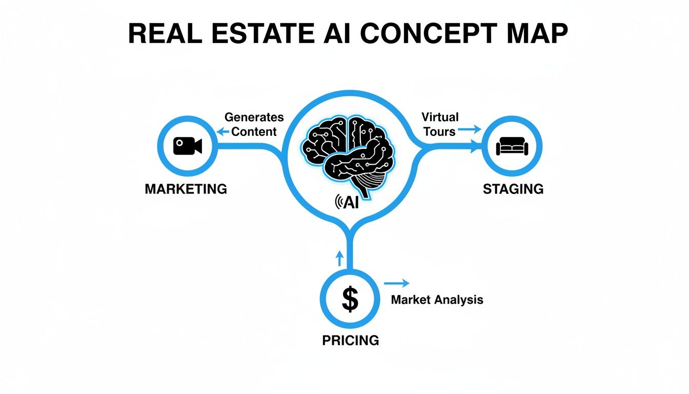 A concept map illustrating how AI is applied in real estate for marketing, staging, and pricing.