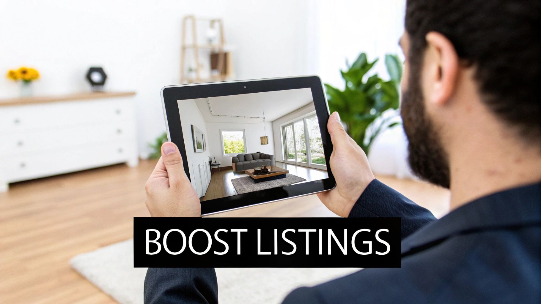 A person views a virtual tour of a modern living room on a tablet, showcasing real estate listings.