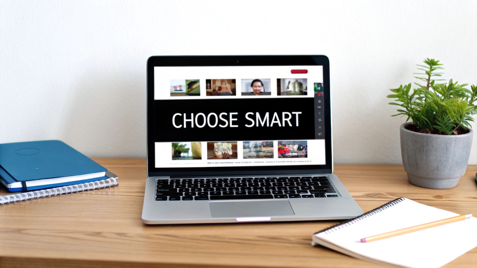 Laptop displaying video conference call with choose smart message on wooden desk workspace