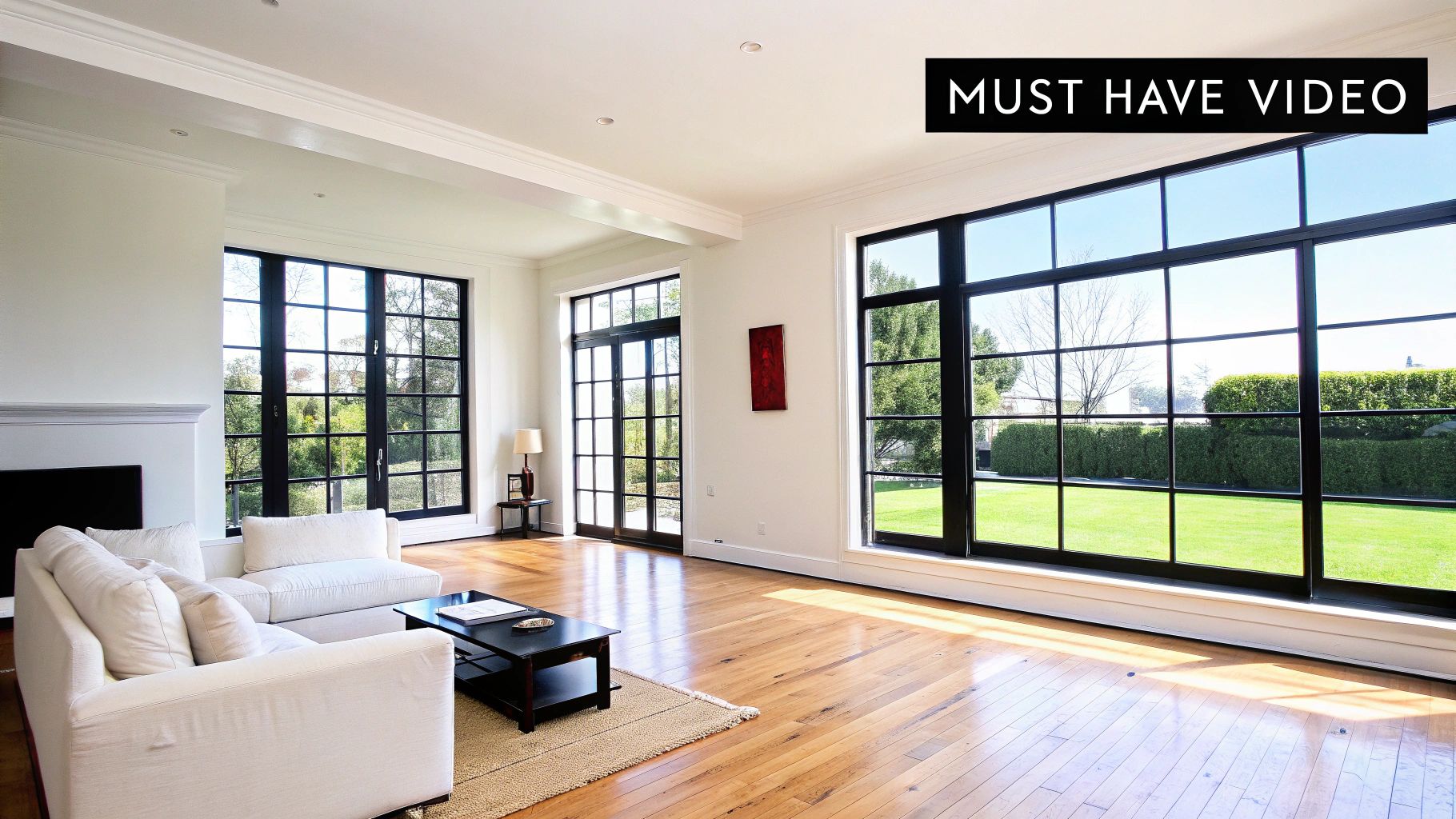 A bright and spacious modern living room with large black-framed windows overlooking a green lawn.