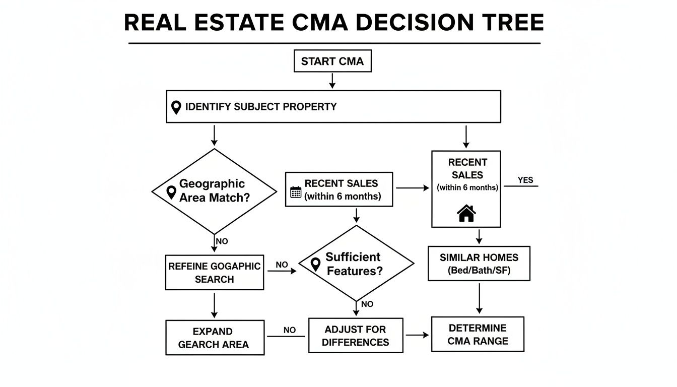 A flowchart outlining the real estate comparative market analysis (CMA) decision process for pricing a home.
