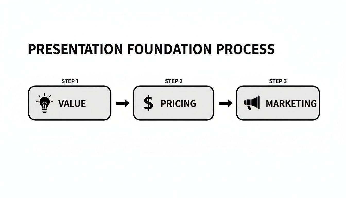 A business presentation foundation process flowchart illustrating three sequential steps: Value, Pricing, and Marketing, connected by arrows.