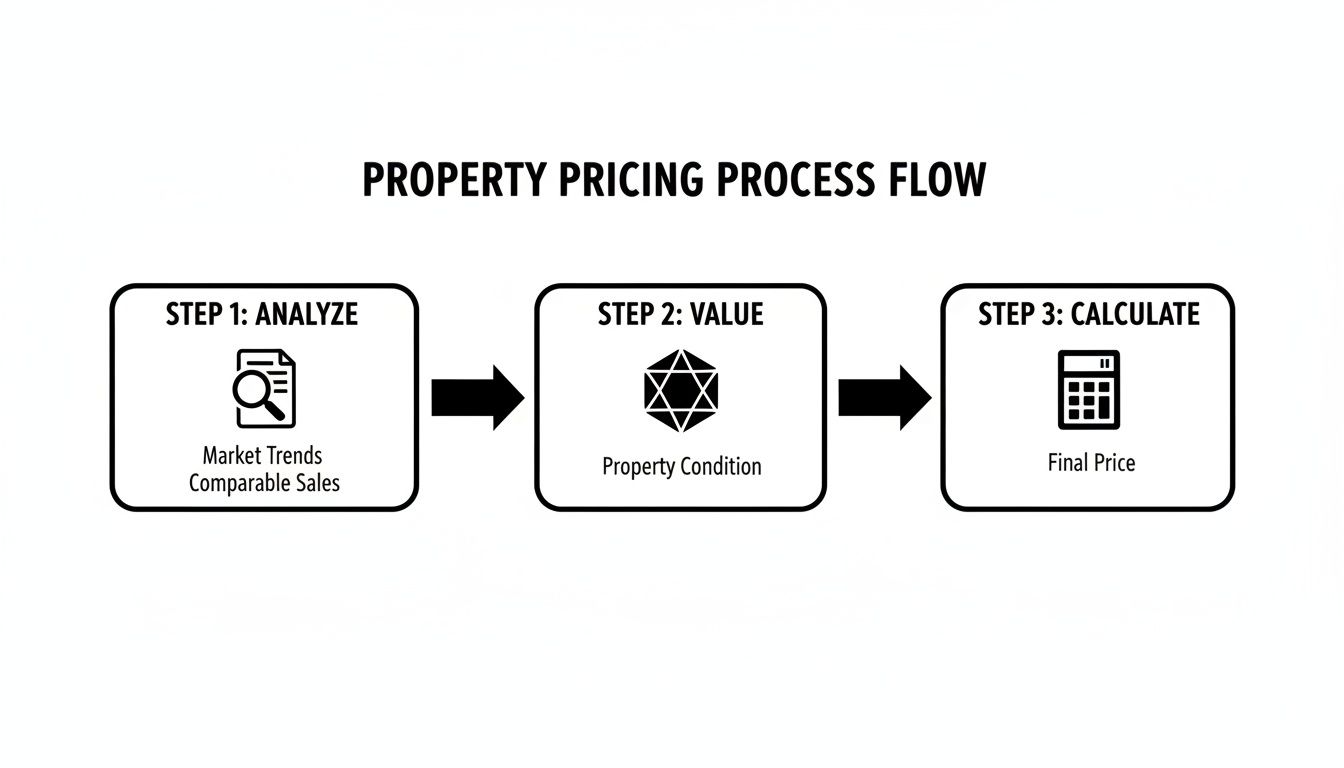 A flowchart illustrates the property pricing process, detailing steps to analyze, value, and calculate the final price.