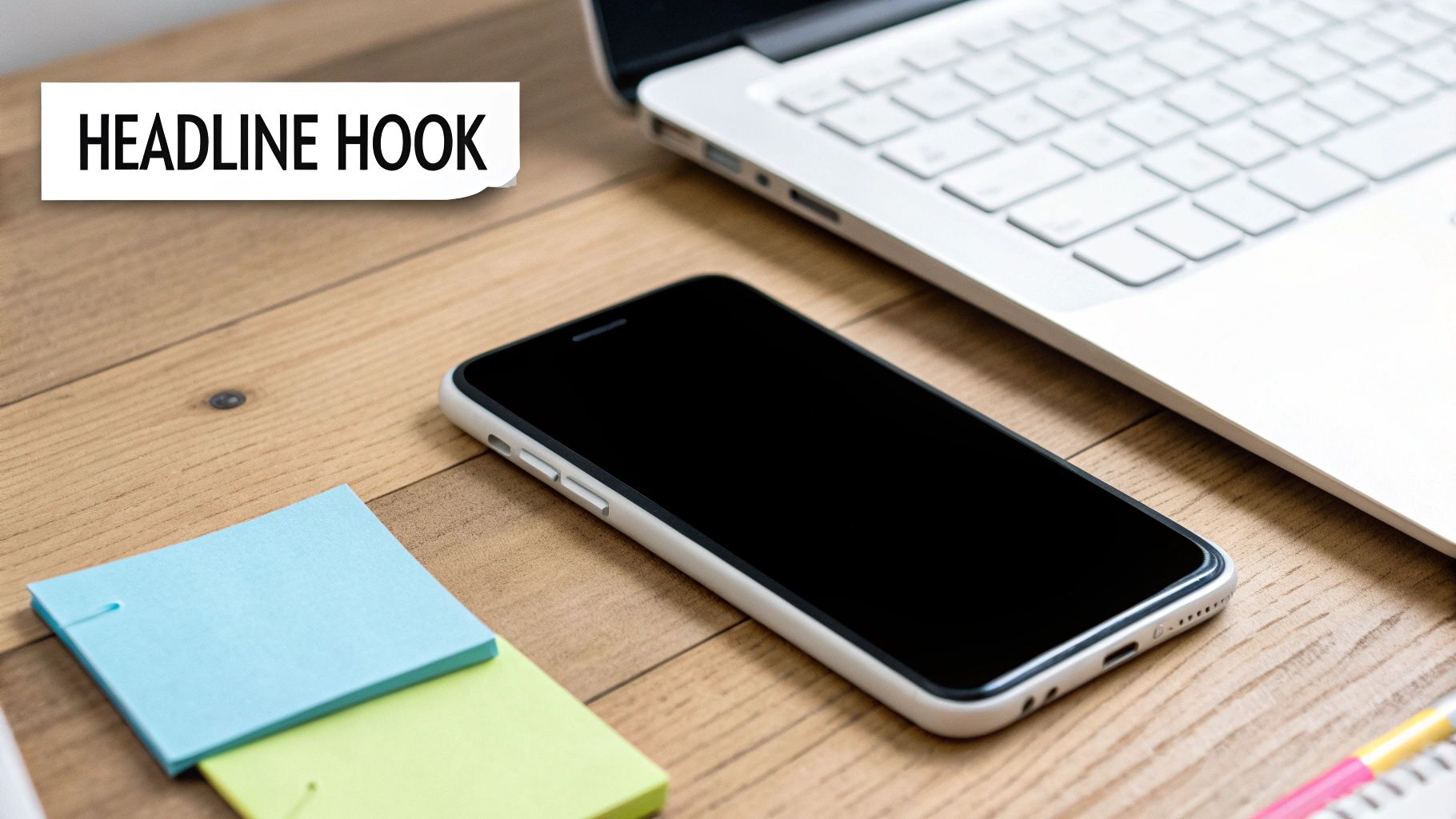 A wooden desk with a laptop, smartphone, sticky notes, and a label saying 'HEADLINE HOOK'.