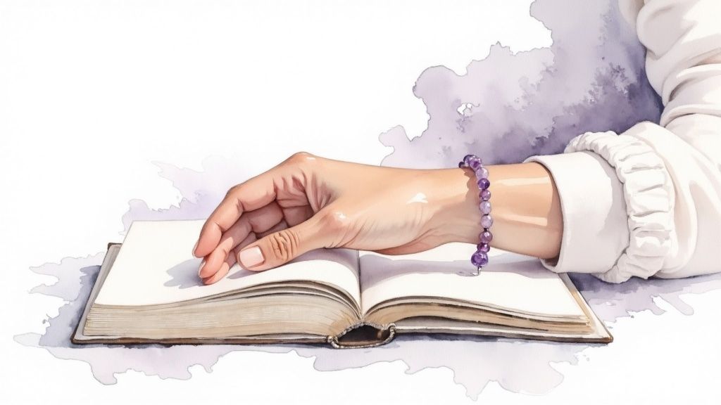 A person's wrist adorned with several colorful crystal bracelets