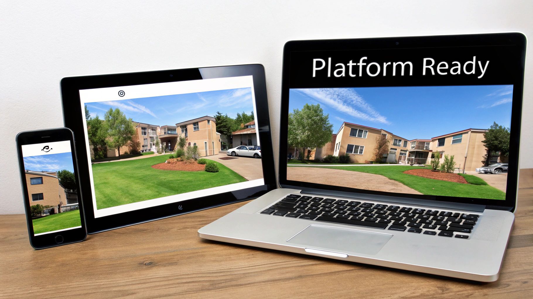 Real estate property displayed on multiple devices showing platform ready responsive website design