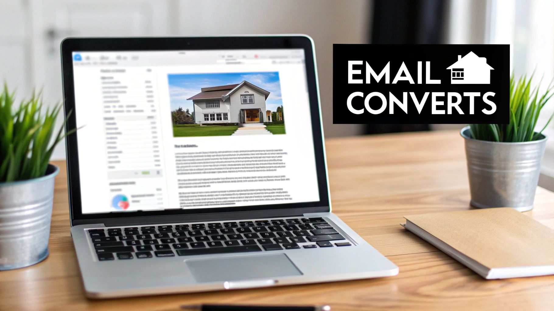 Laptop on a wooden desk displaying a real estate property email, with an 'Email Converts' logo and plants.