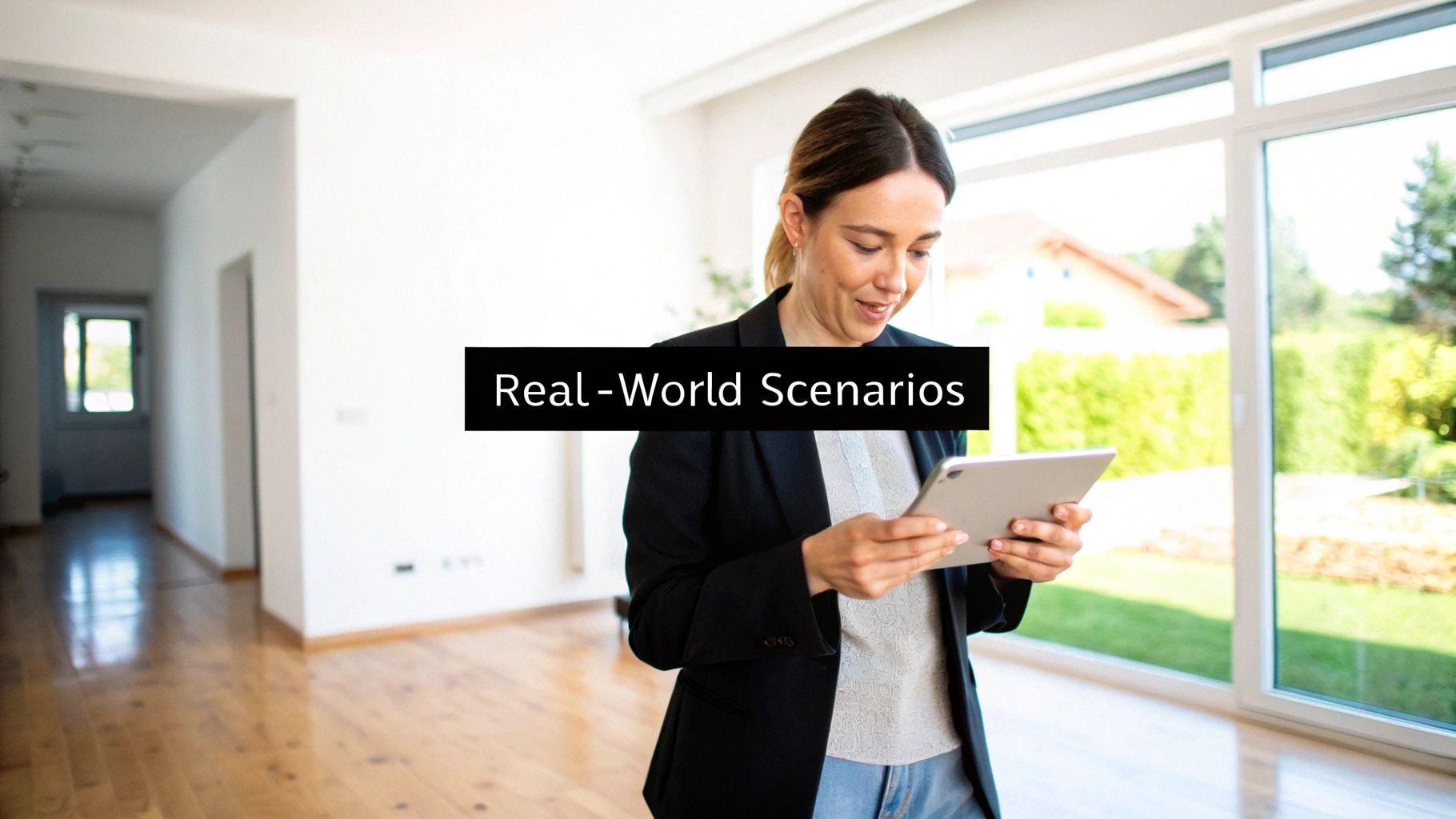 Professional woman reviewing information on a tablet in a spacious, sunlit room.