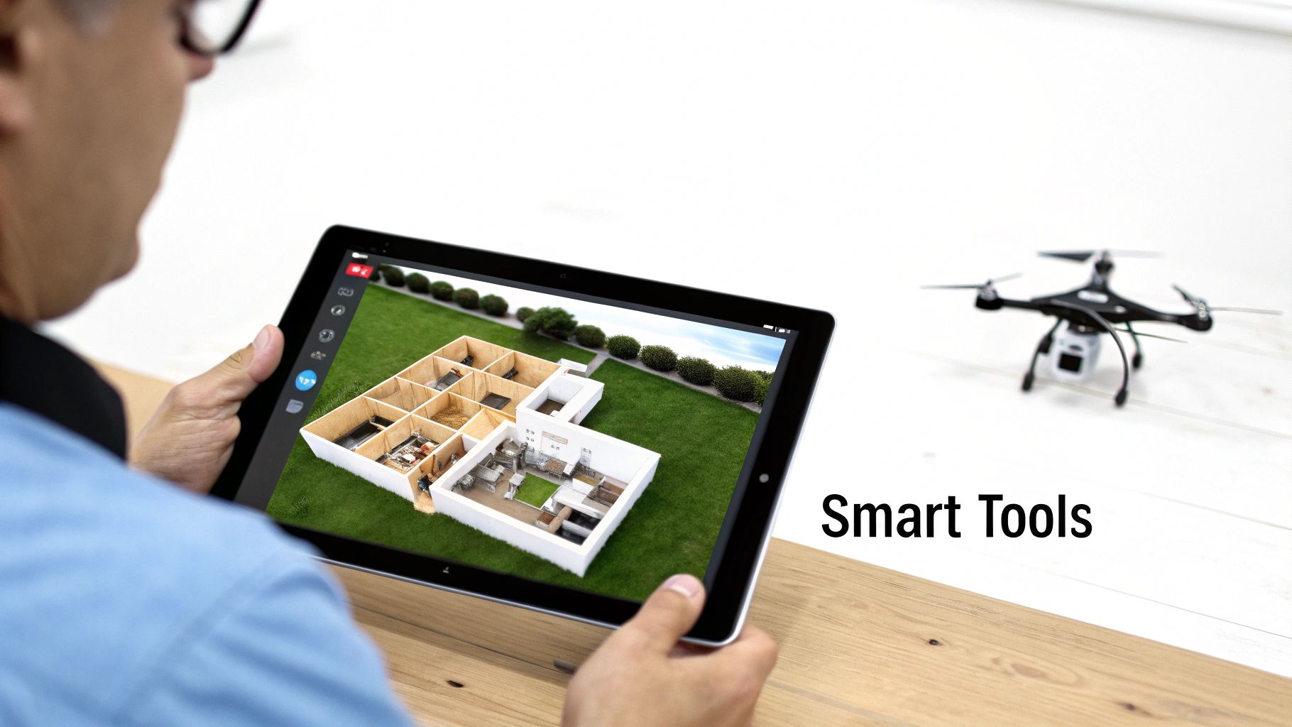 Man using a tablet to visualize a 3D floor plan, suggesting smart real estate tools.